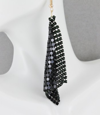 Black mesh earrings lightweight dangle liquid mesh metal 4'' long metallic flowy