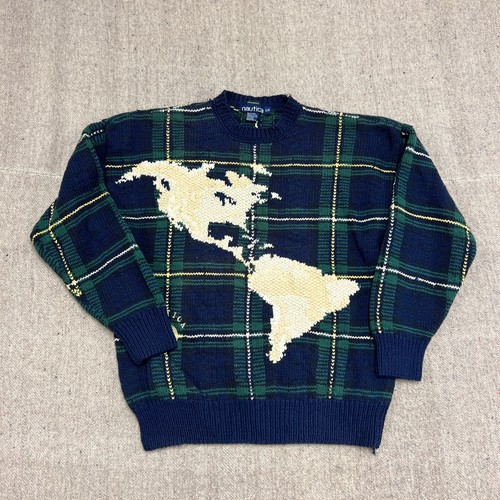 Vintage Nautica Sweater Mens Large Blue 1990s America's Map Handknit