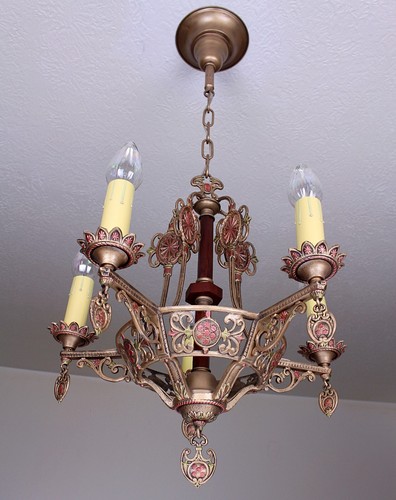 Antique Vintage 1920's Solid Brass Ceiling Light Fixture CHANDELIER Large 19" - Picture 6 of 15