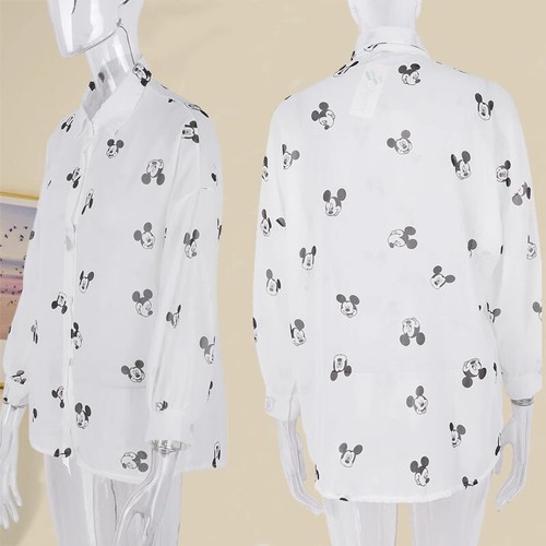 Women's Mickey Mouse Print Long Sleeve Tops Loose Fit White Blouse Casual Shirt - Picture 23 of 31
