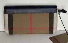 BURBERRY BLUE LEATHER TRIM  ICON CHECK CANVAS ZIP AROUND CONTINENTAL WALLET $630