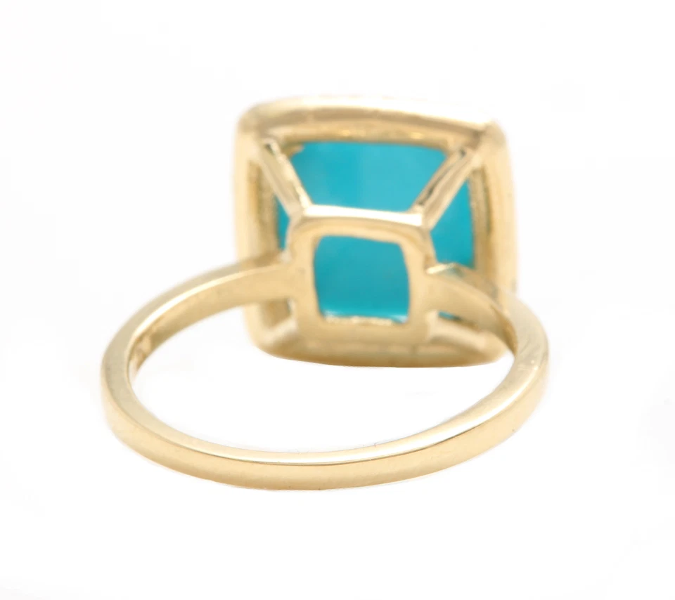 3.52 Carats Natural Turquoise and Diamonds Solid 14K Yellow Gold Cocktail Ring - Image 4 of 4