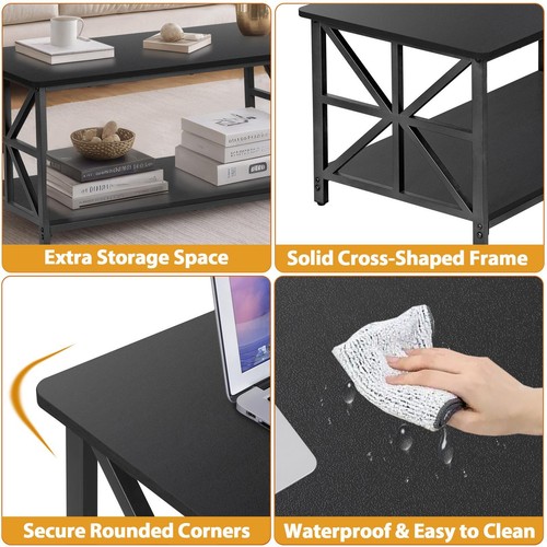 Coffee Table Round Corners for Living Room Modern Center Table Black w/ Shelf - Picture 4 of 7