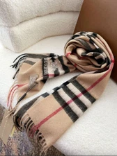 Beige Checkered Cashmere Scarf with Embroidered Logo Burberry Classic