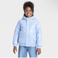 Girls Hooded Puffer Jacket - Cat Jack - Size Medium 8 - Blue