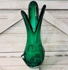 Emerald Green Murano Art Glass Swung Vase Hand Blown 3 Fingers 11  Vintage MCM