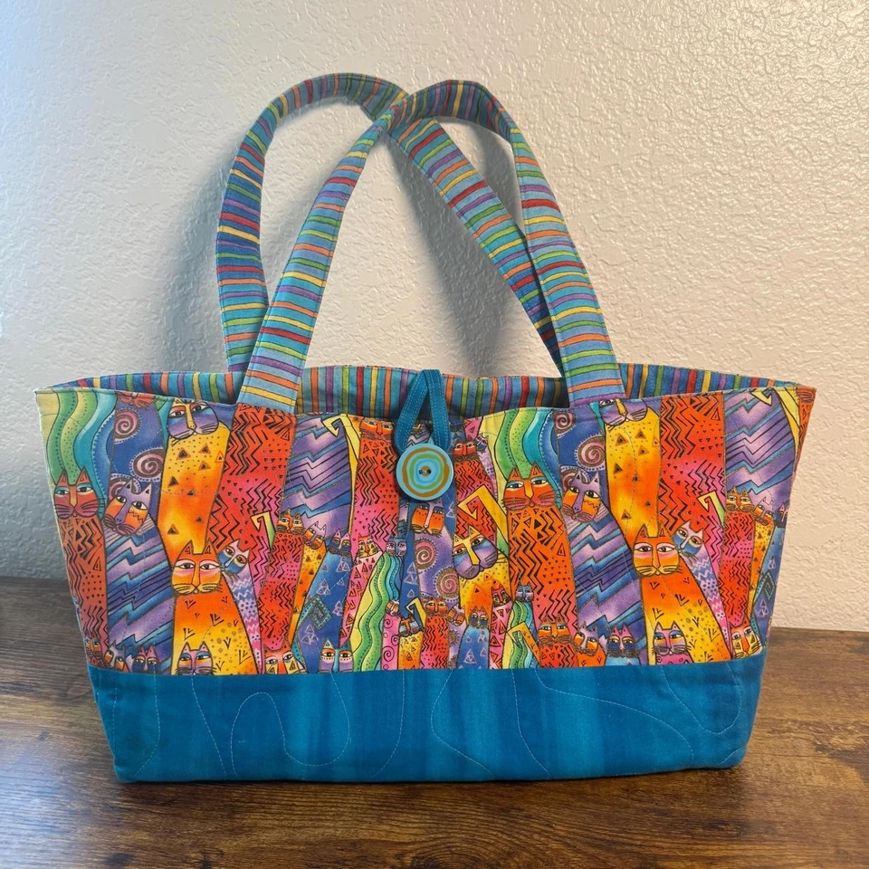 Blue Print Cat Mini Tote Bag Purse Vibrant Colorful Handles Kittens - Image 4 of 4