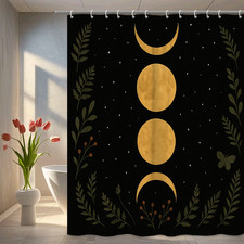 Boho Moon Phases Shower Curtain - Black and Gold Floral Design