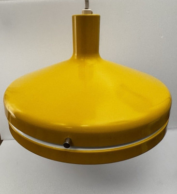 PENDANT LIGHT FIXTURE MCM Atomic UFO Yellow Lightolier Hanging Metal Dome 14''