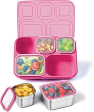 Stainless Steel Snackle Box Container, 5 Compartment Lunch Bento Box, Pink 