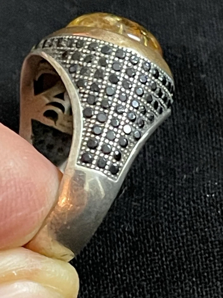 Anello in Argento/Oro Vintage con Ambra Baltica ed Onice - Immagine 4 di 4