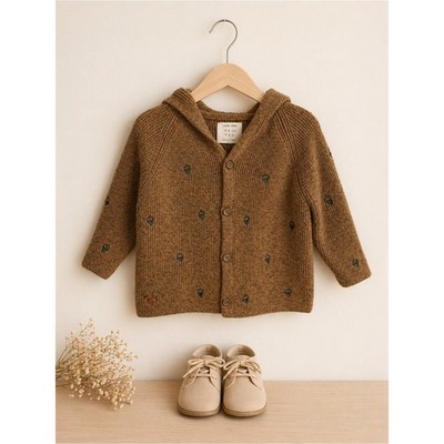 Zara Brown Hooded Knit Cardigan with Tiny Embroidered Accents