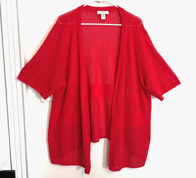 Christopher & Banks Womens Cardigan Sweater 3X Plus Red Open Knit Short Sleeve