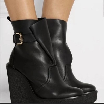 Pierre Hardy Black Platform Wedge Leather Ankle Boots 38 Buckle