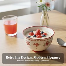 Ins Style Red Floral Ceramic Porridge Bowl, Underglaze, Vintage Tableware