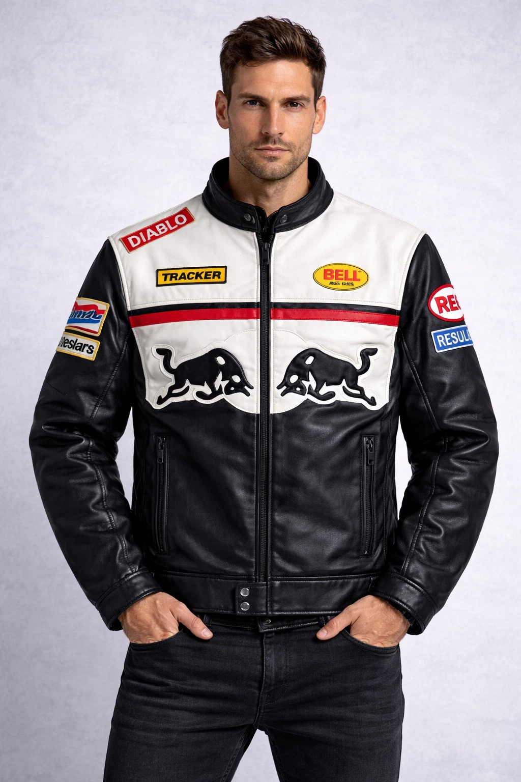 Men’s Racing Leather Jacket Black White Biker Motorcycle Style Embroidered Patch