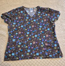 SB Scrubs Women's L Scrub Top Brown Geometric Cotton V-Neck Shortsleeve
