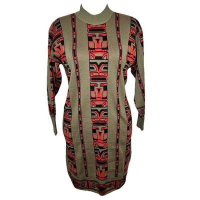 Rodier Paris Women Vtg Knit Sweater Dress M Wool Tribal Totem Cats Tiki 90s Y2K