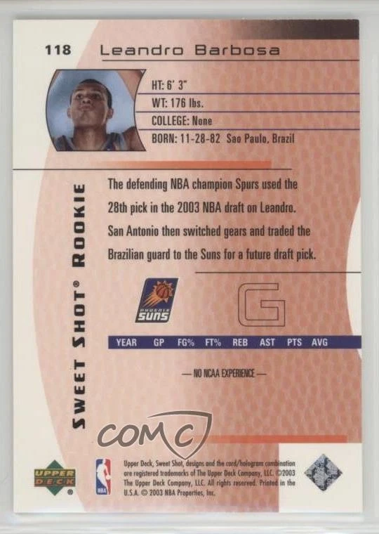 2003-04 Upper Deck Sweet Shot /999 Leandro Barbosa #118 Rookie RC - Image 2 of 2
