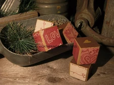 5 VALENTINE Block Heart Love Primitive Handmade Wood Bowl Filler Tuck Ornie