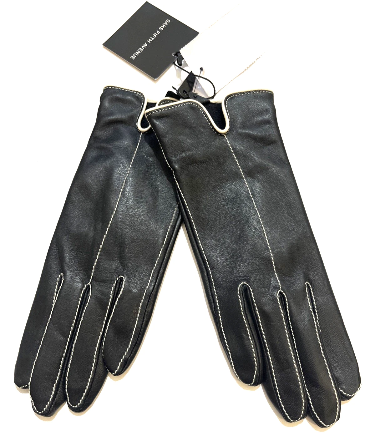 SAKS FIFTH AVENUE Black Leather Gloves w/Contrasting Trim L