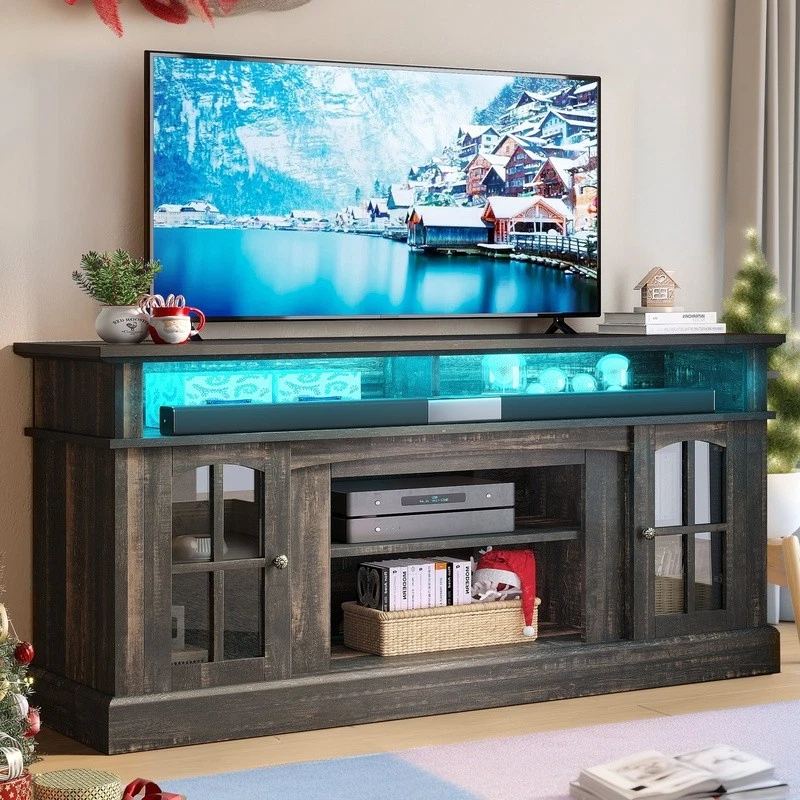 Durable TV Stand Tempered Glass Storage Rustic Oak Entertainment Center RGB LED - Image 2 of 4