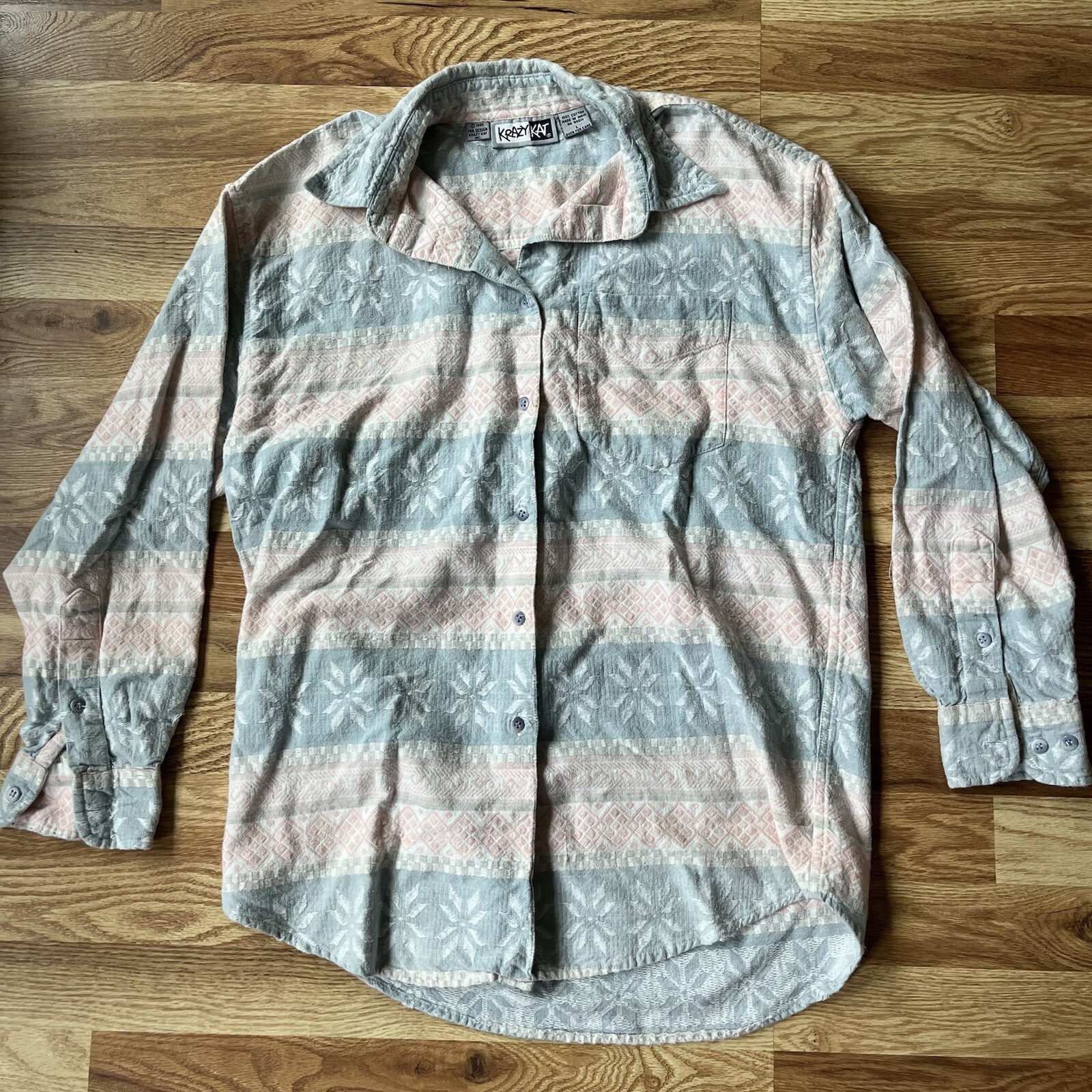 Krazy Kat Button Down Snowflake Blue Pink Cotton … - image 1