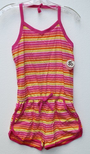 SO Girls L 14 XL 16 Striped Knit Halter Romper w/ Drawcord Shelf Bra Taffy Color - Picture 7 of 12