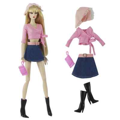 Rosa Straße Kleidungsset für Barbiepuppen Outfits Oberteil Rock Stiefel Tasche