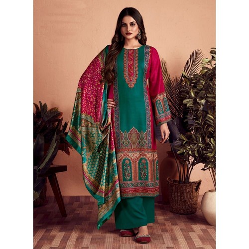 PINKGREEN PRINTED WOOL SALWAR KAMEEZ SUIT VELVET SHAWL DRES MATERIAL