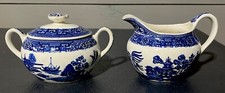 Vintage Blue  White Blue Willow Handled Sugar  Creamer W/Cover