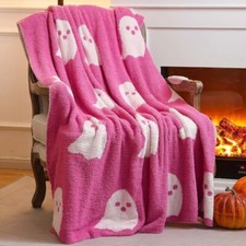 Ghost Blanket 50x60 Soft  Cozy Pink w/White Ghost other side White w/Pink Ghost