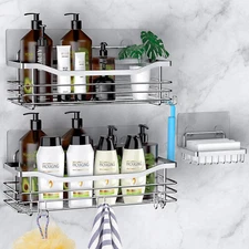 Shower Caddy Basket Soap Dish Holder Shelf with 5 Hooks Bathroom Organizer Shelf