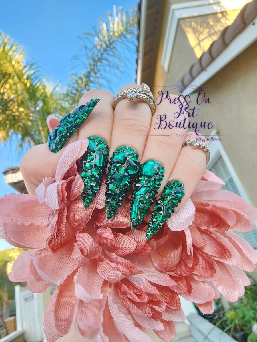Green Emerald Rhinstone Claw Stiletto Press On Nails | eBay