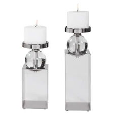 Modern Silver Nickel Rectangle Candle Holder 2-Piece Set, Chrome Crystal