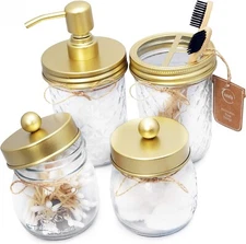 Mason Jar Bathroom Set Countertop Vanity Organize Bathroom Home Deco(4 Pcs Gold)