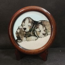 Natural Beads Gemstone Picture Antiques Arts Craft Decorative Twin Puppies Dogs