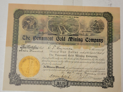 モンタナ 大株 1904 MONTANA STOCK CERT., PENNMONT GOLD MINING CO. TH | eBay
