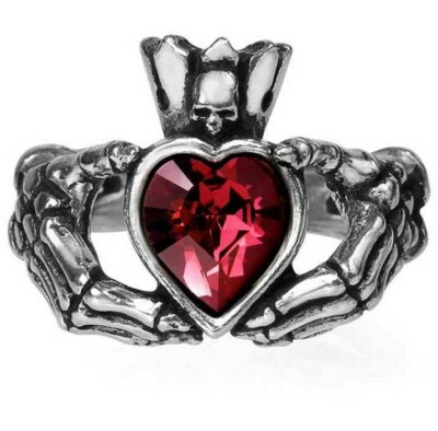 Alchemy Gothic Claddagh by Night Skeleton Hands Red Heart Crystal Ring Love R210