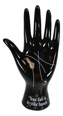 Mystical Palm Reader Hand Ring Holder - Witch Theme Jewelry Display Stand In Black Ceramic