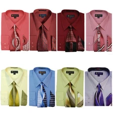Men's Dress Shirt with Matching Tie And Handkerchief Set 8 Colors Size 15~20 