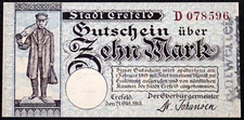CREFELD / KREFELD 1918 "Silk Weaver" 10 Mark Grossnotgeld German Notgeld