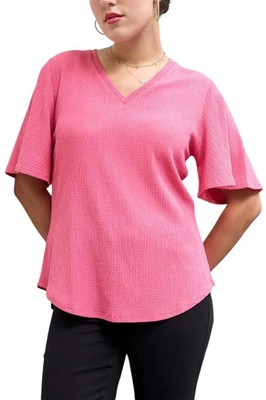 DG2 by Diane Gilman Women's Plissé Knit Flutter-Sleeve VNeck Top Rose