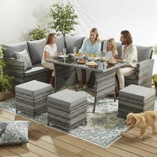 Garden Rattan Furniture Set 9 Seater Lounger Sofa Footstool Glass Table Grey