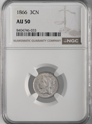 1866  3CN THREE CENT NICKEL  NGC AU50    #8404746-033
