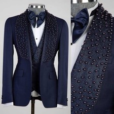 Navy Blue Men Beaded Suit Pearls Jacket Fashion Wedding Formal Party