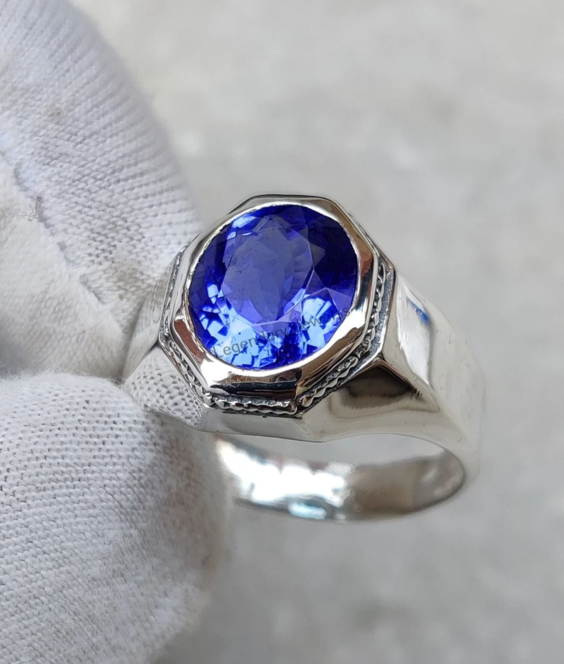 Мужское кольцо ручной работы с натуральным драгоценным камнем танзанитом из стерлингового серебра 925 пробы - Изображение 4 из 4