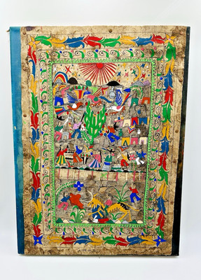 Vintage Colorful Mexican Amate Bark Paper Painting Folk Art Village 24'' x 18''