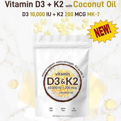 Vitamin D3 10000 iu Plus K2 (MK-7) 200 mcg, 300 Virgin Coconut Oil Softgels