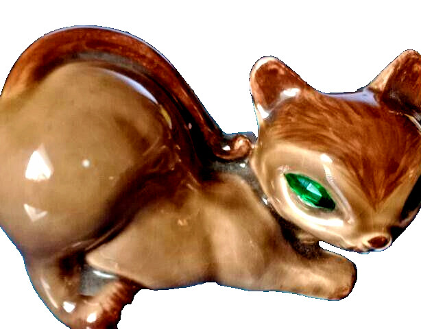 Antique emerald eye cat figurine, retro,  kitty, vintage, ceramic, mcm, 70s